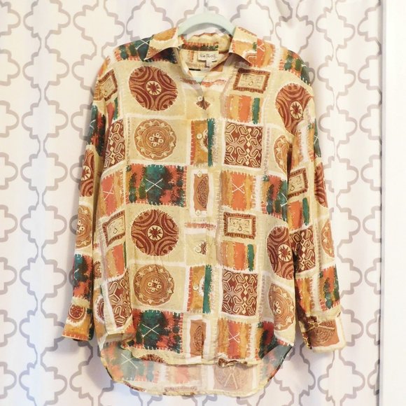 Vintage Two Twenty Tan Multi Print Silk Blouse - NWT - Picture 1 of 4